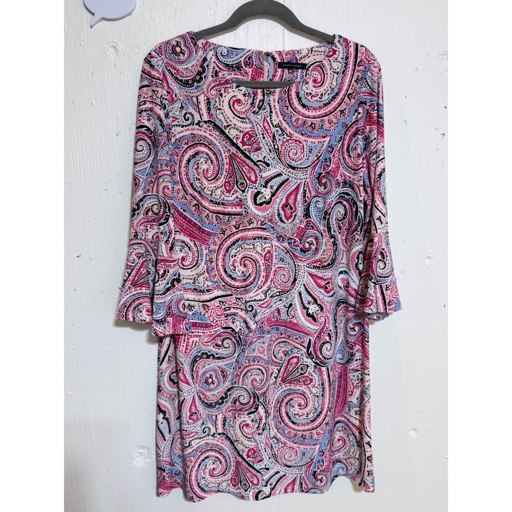 Tommy Hilfiger Pink Paisley Bell Sleeve Shift Dress Womens Size Large